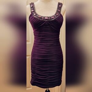 Vintage Cachê Purple Ruched Cocktail Bodycon Dress w Chunky Jeweled Detail.